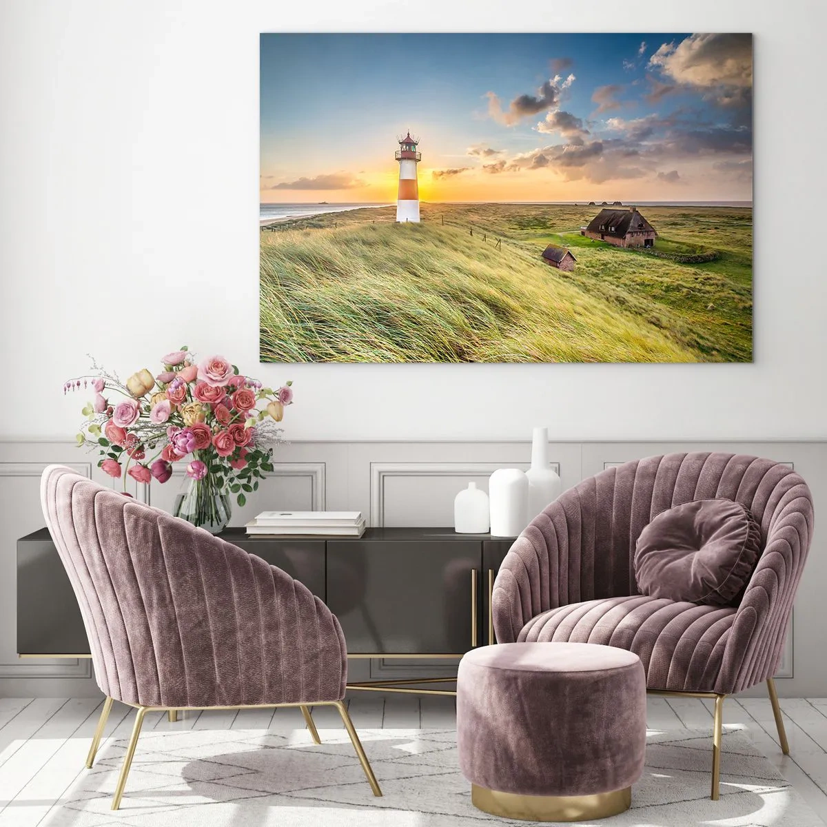 Quadro em vidro - Um farol ao pôr do sol sobre um mar tempestuoso - 70x50cm - Entre as ondas - Decoração de parede moderna para a sala de estar e quarto ARTTOR