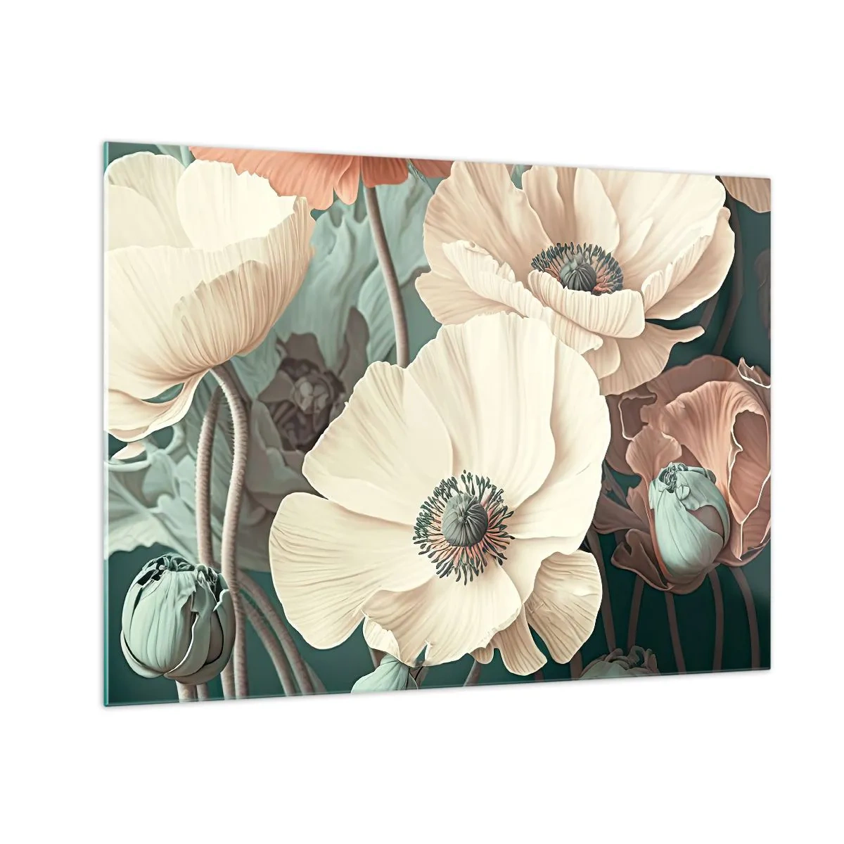 Quadro em vidro - Papoulas delicadas de creme e salmão em um fundo escuro - 70x50cm - O sussurro das papoulas - Decoração de parede moderna para a sala de estar e quarto ARTTOR