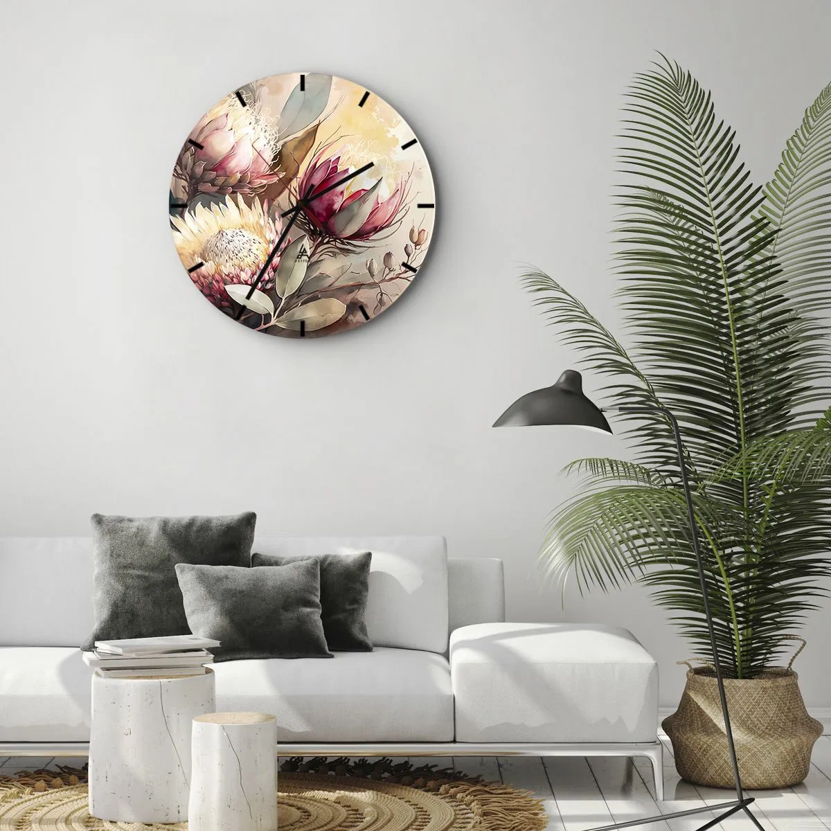 Relógio de parede - Relógio em vidro - Flores de protea artísticas em um fundo claro - 30x30cm - De perfil e de frente - Decoração de parede moderna para a sala de estar, cozinha e quarto ARTTOR