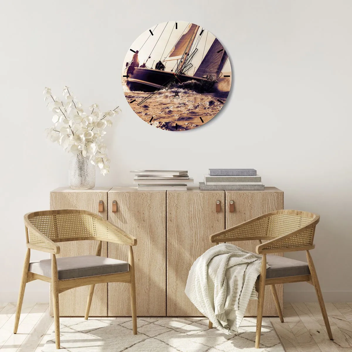 Relógio de parede - Relógio em vidro - Um iate navegando em um mar tempestuoso sob o sol - 30x30cm - A velejar, marujo - Decoração de parede moderna para a sala de estar, cozinha e quarto ARTTOR