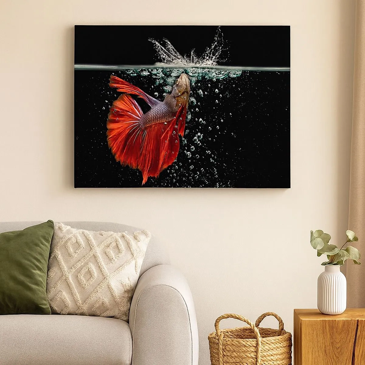 Quadro em tela - Um betta magnífico na água contra um fundo escuro - 70x50cm - Tens três desejos - Decoração de parede moderna para a sala de estar e quarto ARTTOR