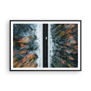 Pôster com moldura preta - Cortar a floresta no inverno - 100x70 cm