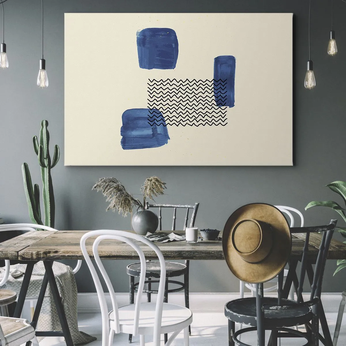 Quadro em tela - Composição abstrata com manchas azuis e linhas onduladas - 70x50cm - Quarteto abstrato - Decoração de parede moderna para a sala de estar e quarto ARTTOR