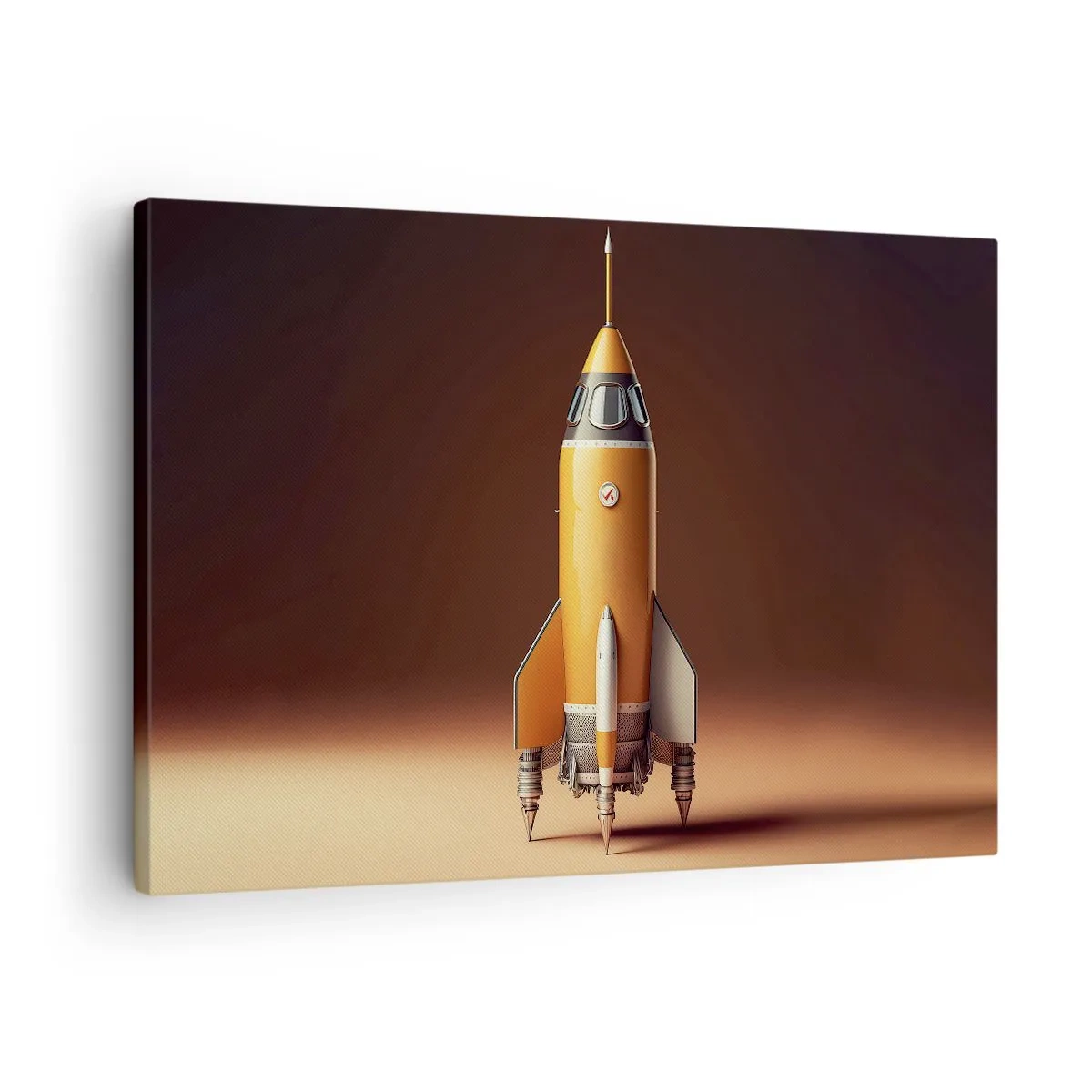 Quadro em tela - Um foguete de estilo retrô contra um fundo de tons marrons - 70x50cm - Tudo começa com um sonho - Decoração de parede moderna para a sala de estar e quarto ARTTOR
