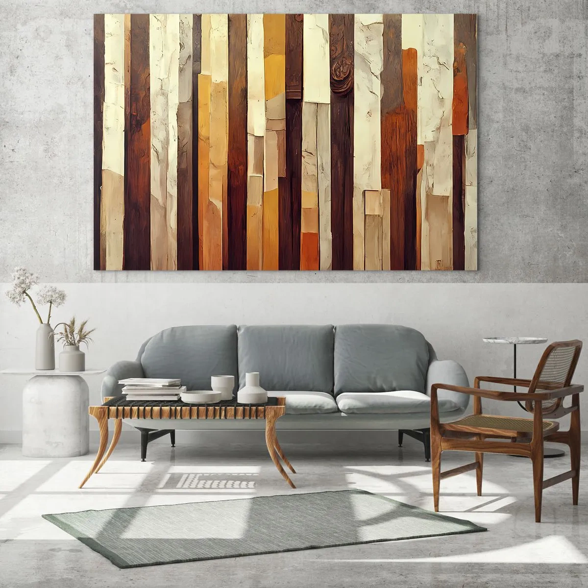 Quadro em vidro - Uma composição de listras verticais em tons de madeira e bege - 70x50cm - Hino das árvores da floresta - Decoração de parede moderna para a sala de estar e quarto ARTTOR