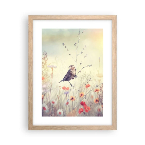 Pôster com moldura de carvalho claro - Retrato de um pássaro com um prado no fundo - 30x40 cm