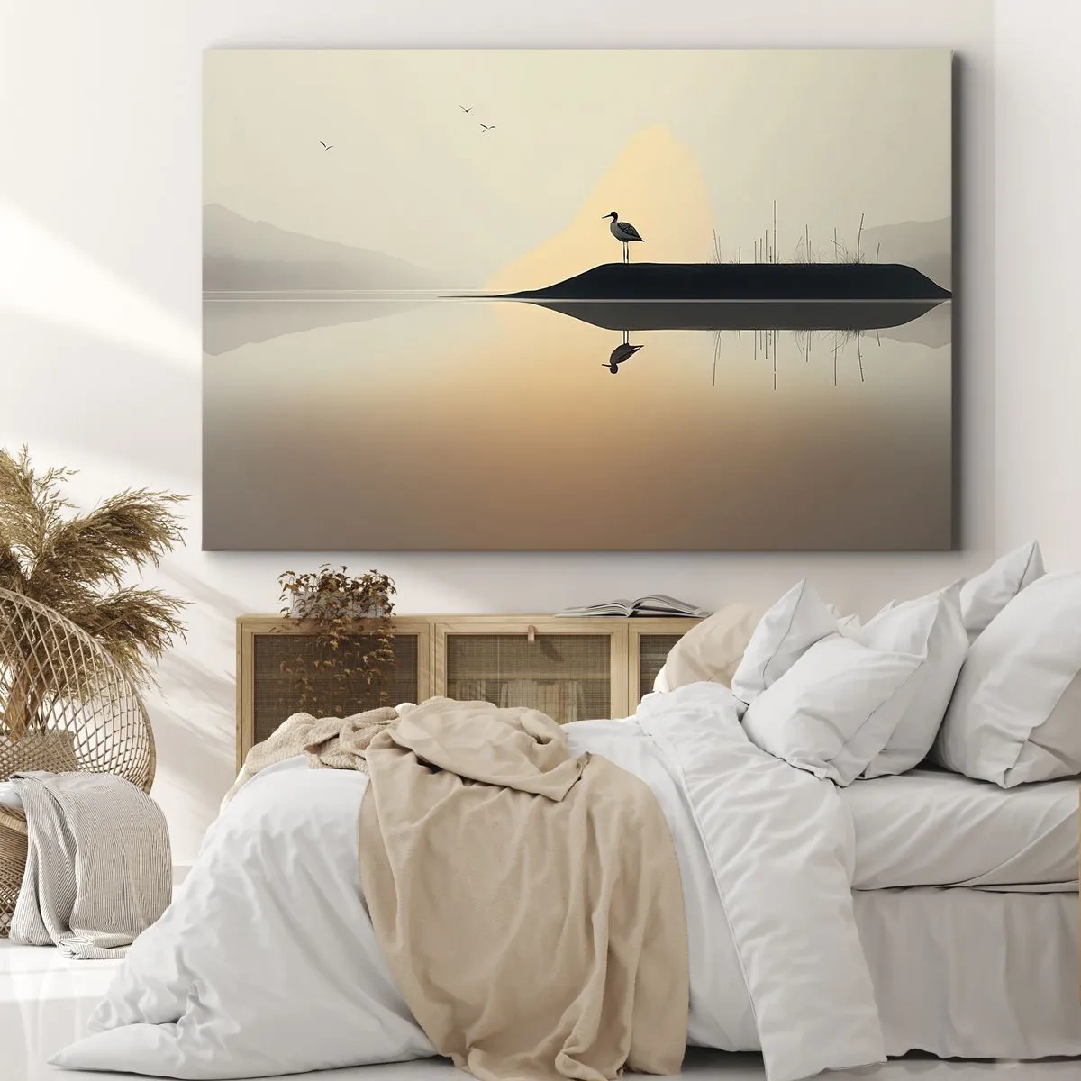 Quadro em tela - Um pássaro em uma ilha em um lago calmo com tons quentes - 70x50cm - Senhor no lago - Decoração de parede moderna para a sala de estar e quarto ARTTOR