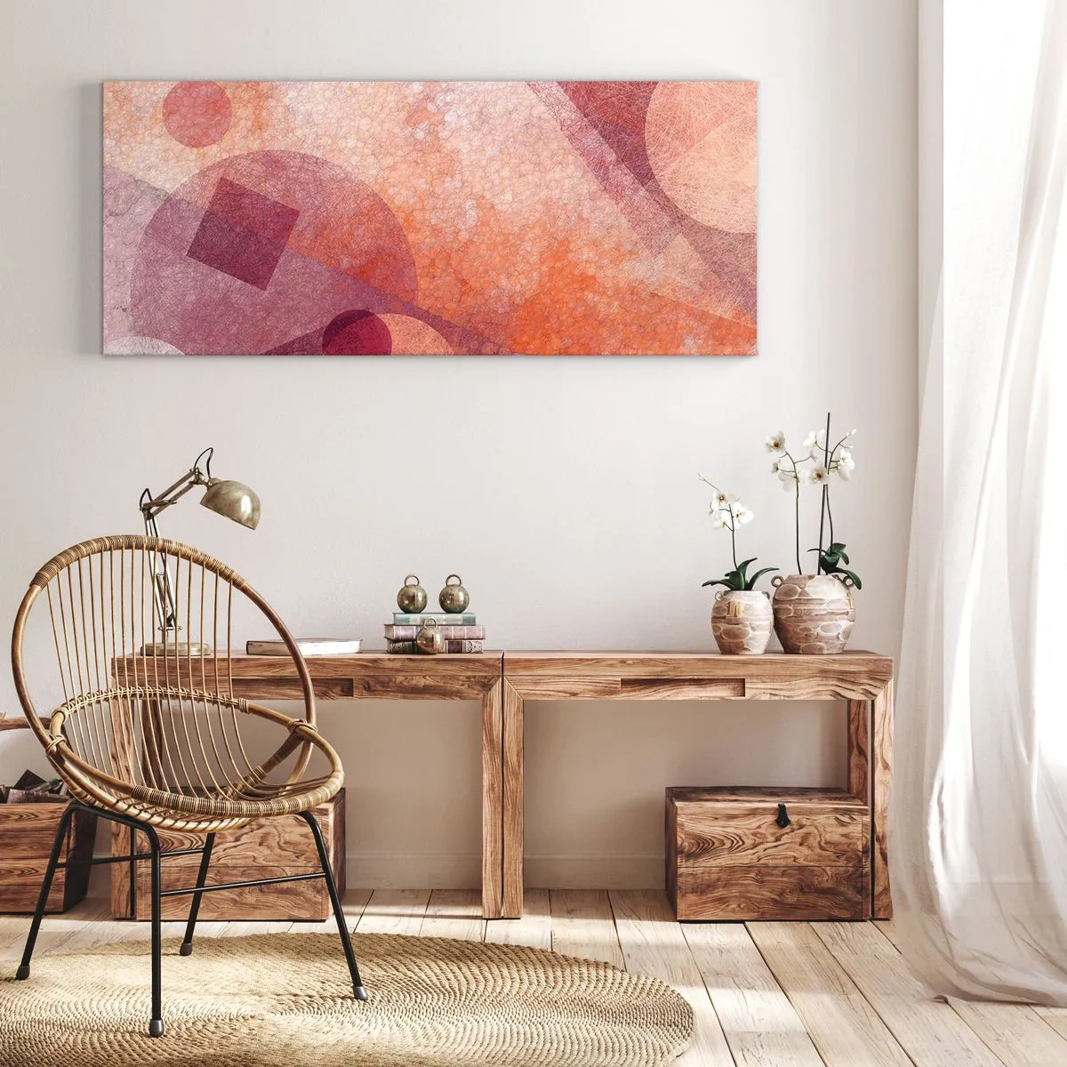 Quadro em tela - Transformações geométricas em rosa - 100x40 cm