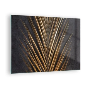 Quadro em vidro - Folha de palmeira dourada sobre fundo escuro - 70x50cm - Ouro dos trópicos - Decoração de parede moderna para a sala de estar e quarto ARTTOR