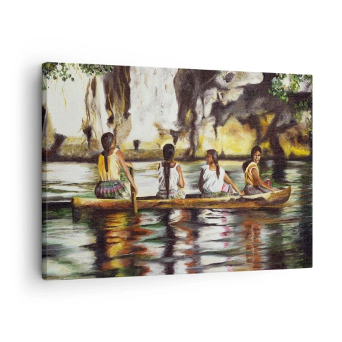 Quadro em tela - Mulheres em um barco em um rio calmo com um fundo pitoresco - 70x50cm - Num paraíso polinésio - Decoração de parede moderna para a sala de estar e quarto ARTTOR