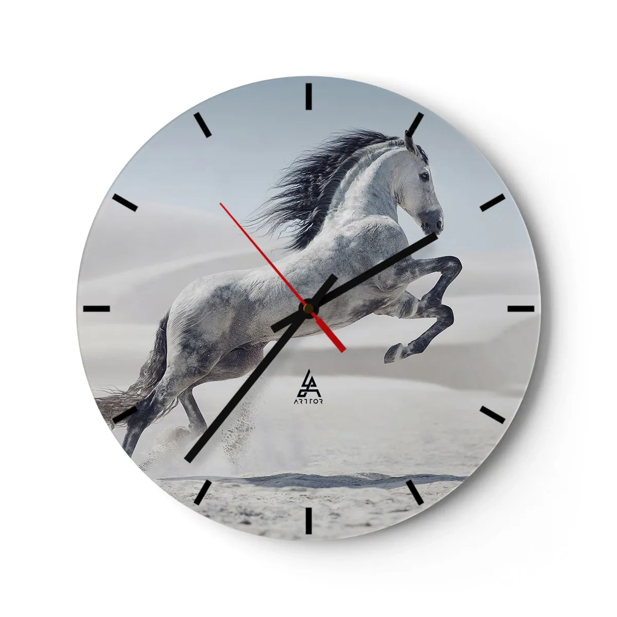 Relógio de parede - Relógio em vidro - Um cavalo árabe saltando contra um fundo desértico - 30x30cm - Príncipe árabe - Decoração de parede moderna para a sala de estar, cozinha e quarto ARTTOR