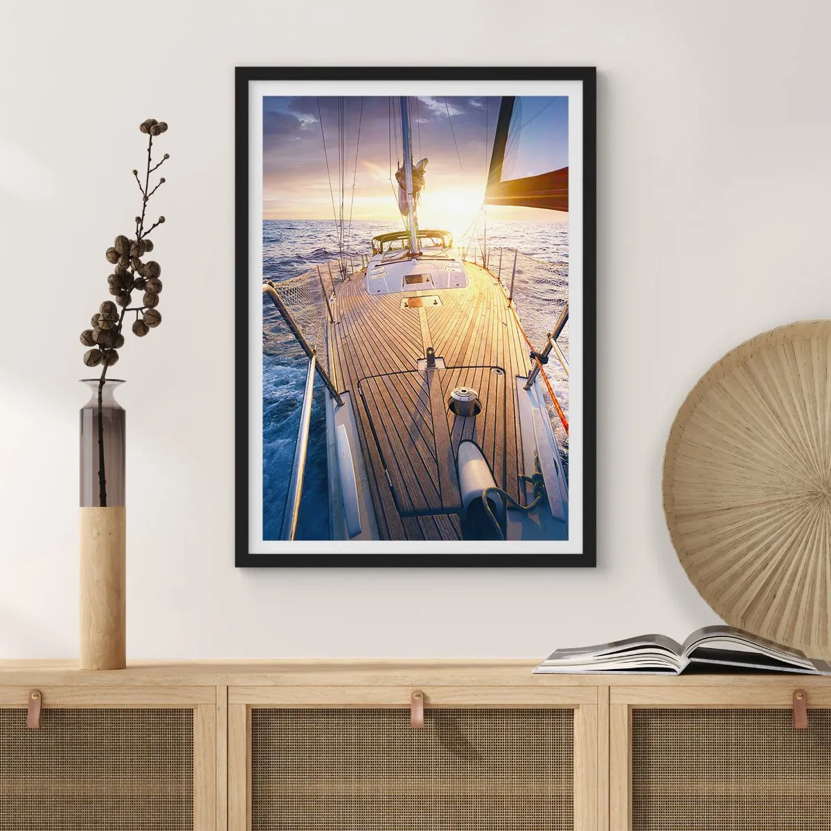 Pôster com moldura preta - Deck de iate com vista para o mar e o pôr do sol - 50x70cm - Correr sobre as ondas - Decoração de parede moderna para a sala de estar e quarto ARTTOR