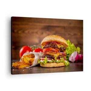 Quadro em tela - Hambúrguer apetitoso com extras - 70x50cm - Fruta proibida - Decoração de parede moderna para a sala de estar e quarto ARTTOR