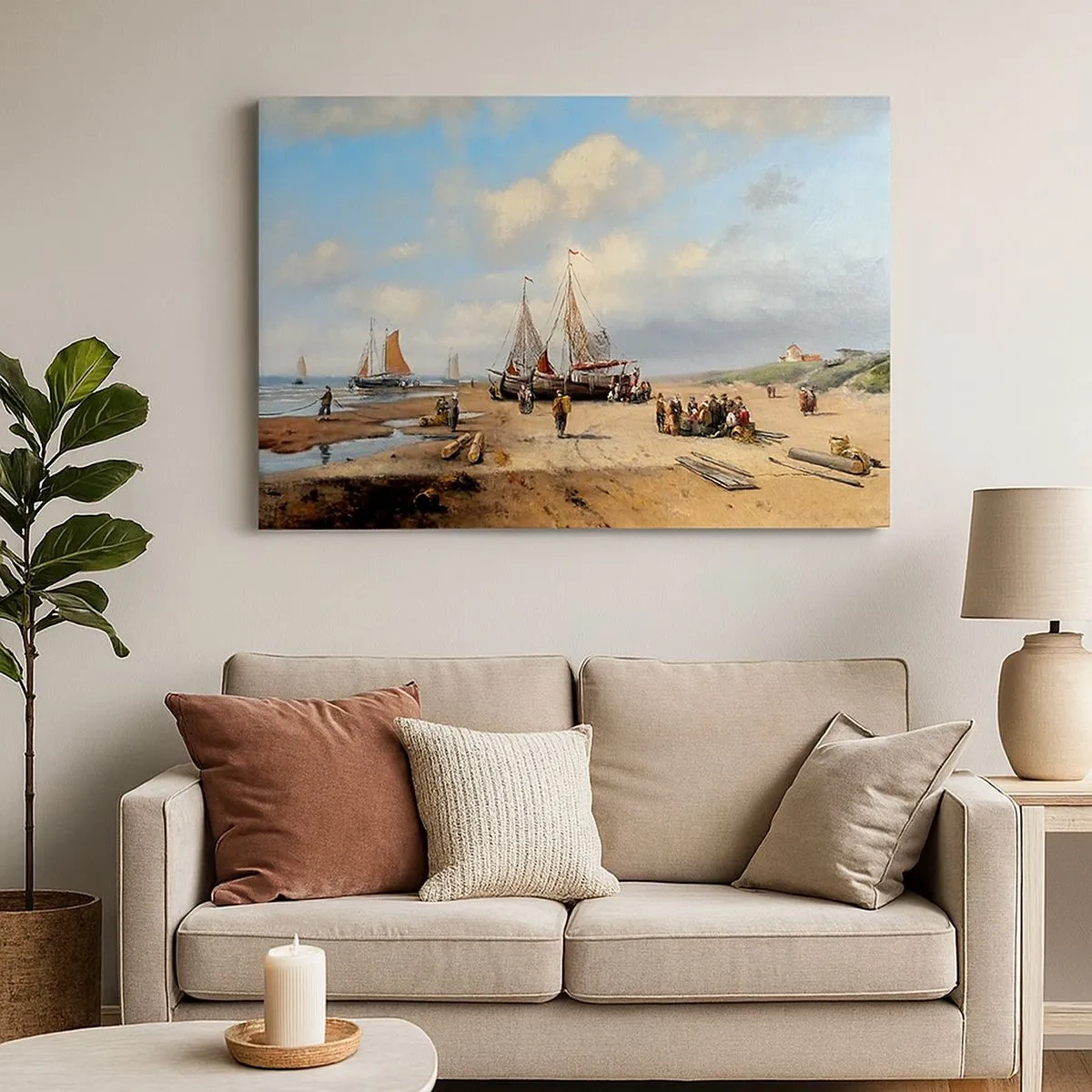 Quadro em tela - Barcos de pesca na praia com figuras humanas - 70x50cm - Pós-caça bem-sucedida - Decoração de parede moderna para a sala de estar e quarto ARTTOR