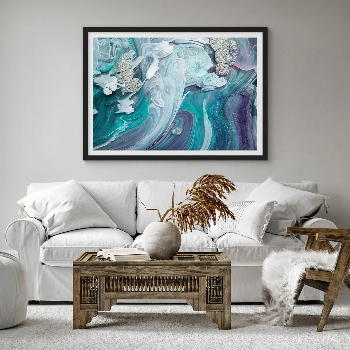Pôster com moldura preta - Correntes de azul - 50x40 cm