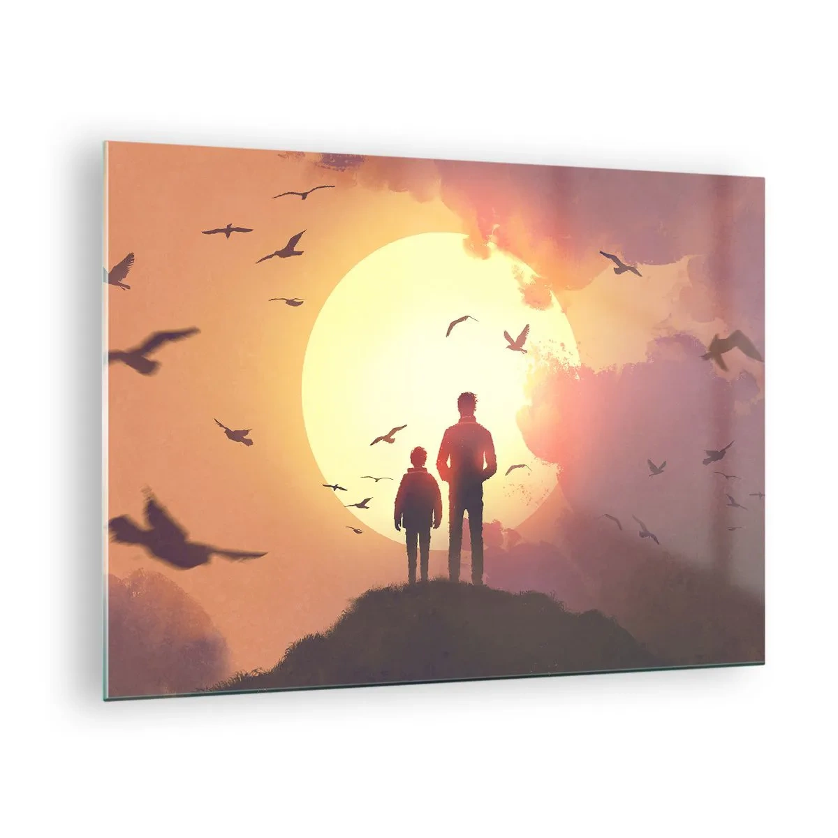 Quadro em vidro - Figuras de um pai e um filho em pé, tendo como pano de fundo o pôr do sol e pássaros voando - 70x50cm - Cara a cara com o sol - Decoração de parede moderna para a sala de estar e quarto ARTTOR