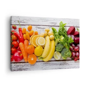 Quadro em tela - Frutas e vegetais coloridos em um fundo de madeira - 70x50cm - Não é suficiente? - Decoração de parede moderna para a sala de estar e quarto ARTTOR