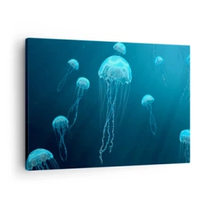 Quadro em tela - Águas-vivas flutuando nas profundezas do oceano em tons de azul - 70x50cm - Dança do oceano - Decoração de parede moderna para a sala de estar e quarto ARTTOR