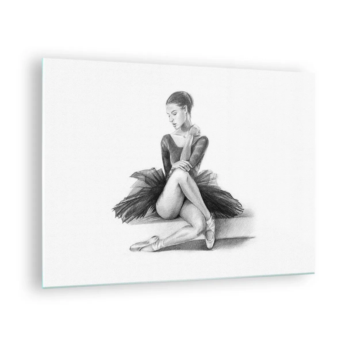 Quadro em vidro - Esboço de uma bailarina em um vestido preto em uma pose pensativa - 70x50cm - Encantada pela dança - Decoração de parede moderna para a sala de estar e quarto ARTTOR