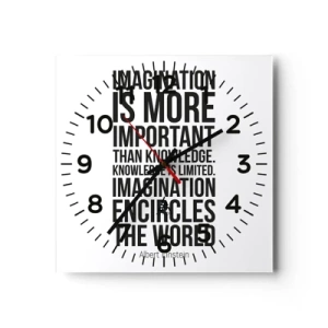Relógio de parede - Relógio em vidro - Einstein sobre o poder da imaginação - 30x30 cm