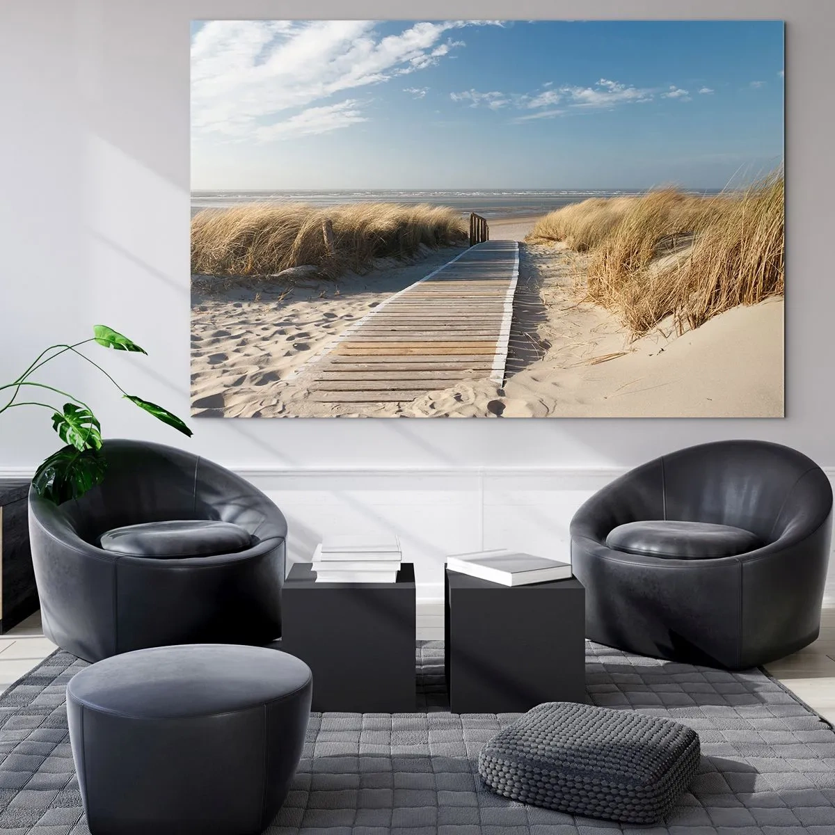 Quadro em vidro - Caminho de madeira pelas dunas que leva à praia - 70x50cm - Atrás da duna, ao som da relva - Decoração de parede moderna para a sala de estar e quarto ARTTOR