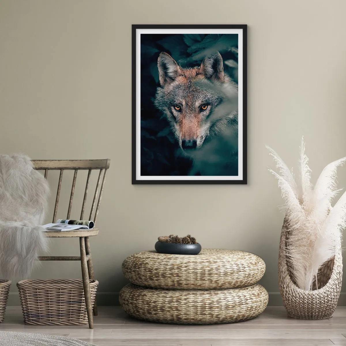 Pôster com moldura preta - Retrato de um lobo em um cenário de floresta misteriosa - 50x70cm - Caçador - Decoração de parede moderna para a sala de estar e quarto ARTTOR