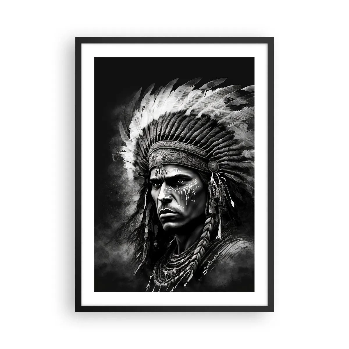 Pôster com moldura preta - Retrato de um guerreiro com um cocar de penas tradicional - 50x70cm - Um líder e um guerreiro - Decoração de parede moderna para a sala de estar e quarto ARTTOR