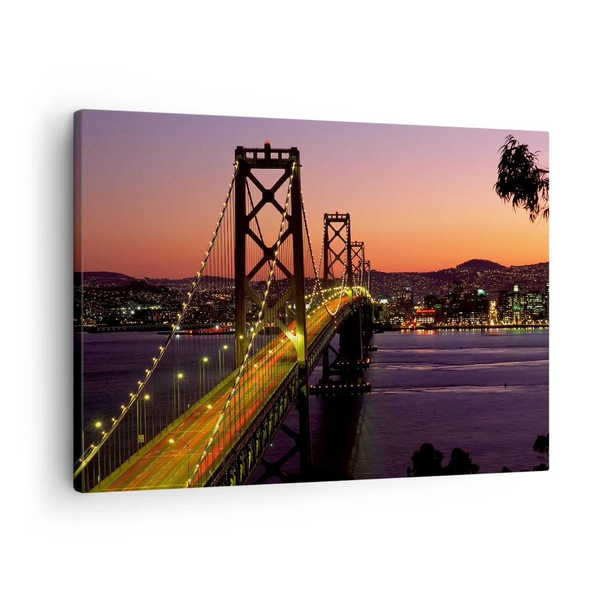 Quadro em tela - Uma ponte iluminada à noite sobre a água com vista panorâmica da cidade - 70x50cm - Noite em roxo - Decoração de parede moderna para a sala de estar e quarto ARTTOR
