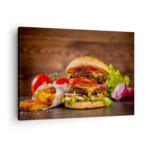 Quadro em tela - Hambúrguer apetitoso com extras - 70x50cm - Fruta proibida - Decoração de parede moderna para a sala de estar e quarto ARTTOR