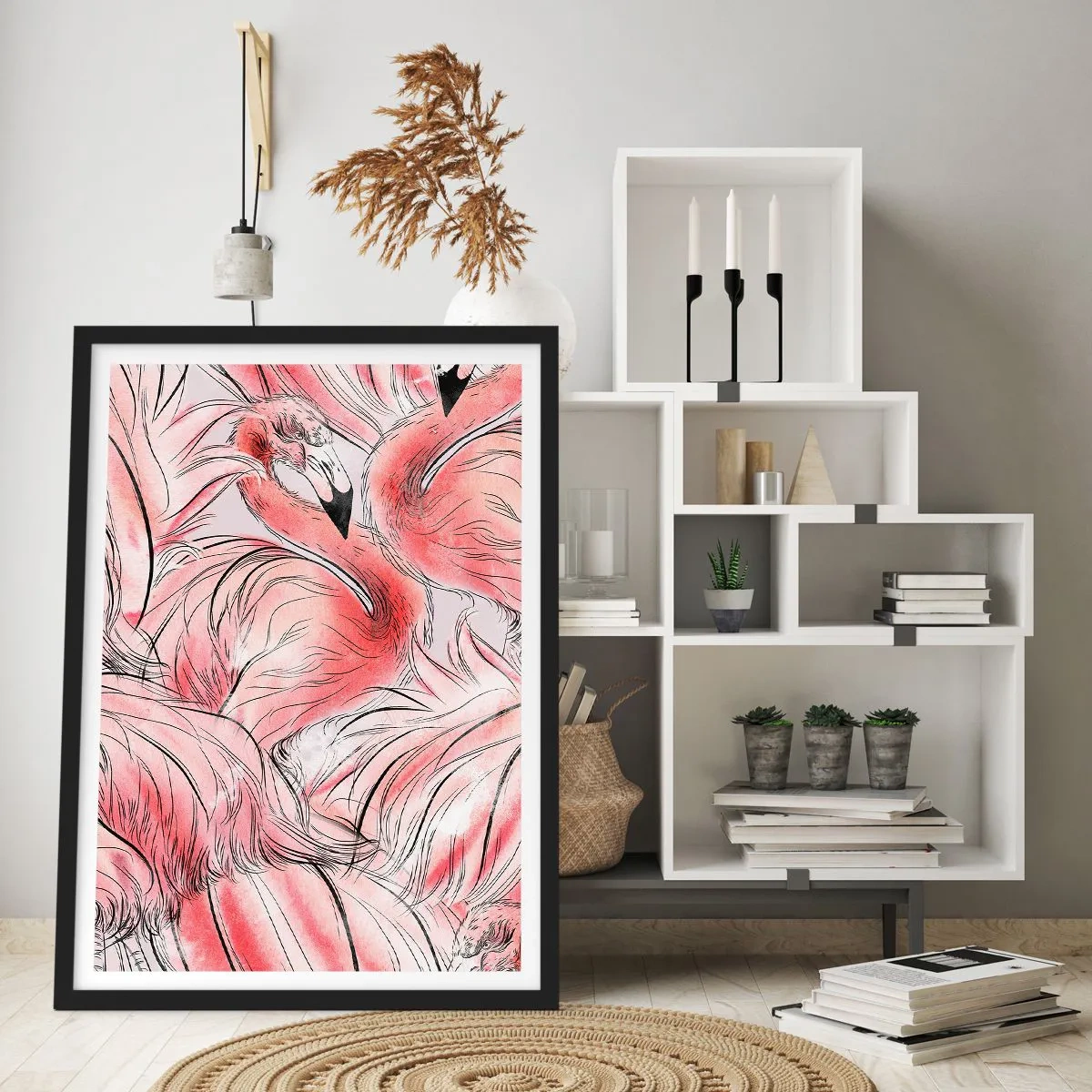 Pôster com moldura preta - Um padrão sutil de flamingo em tons de rosa - 50x70cm - Bird corps de ballet - Decoração de parede moderna para a sala de estar e quarto ARTTOR