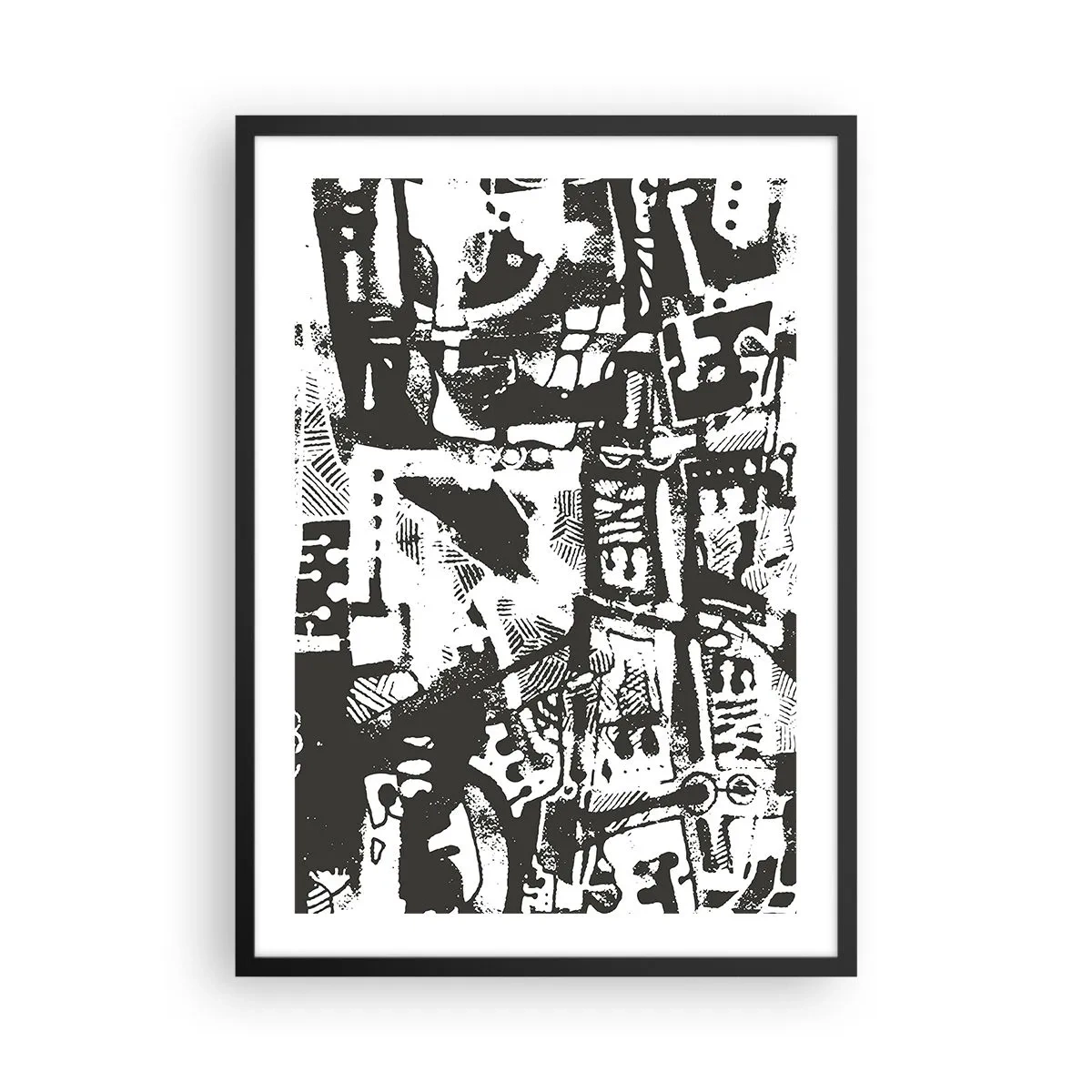 Pôster com moldura preta - Gráfico abstrato em preto e branco com formas geométricas - 50x70cm - Ordem ou caos? - Decoração de parede moderna para a sala de estar e quarto ARTTOR