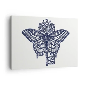 Quadro em tela - Gráfico elegante de borboleta e chave em um estilo minimalista - 70x50cm - Todos os mistérios do coração - Decoração de parede moderna para a sala de estar e quarto ARTTOR