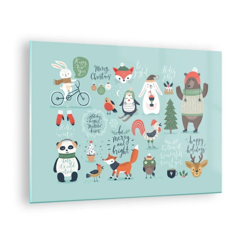 Quadro em vidro - Ilustrações de animais de Natal em fundo pastel - 70x50cm - Que seja sempre Natal! - Decoração de parede moderna para a sala de estar e quarto ARTTOR