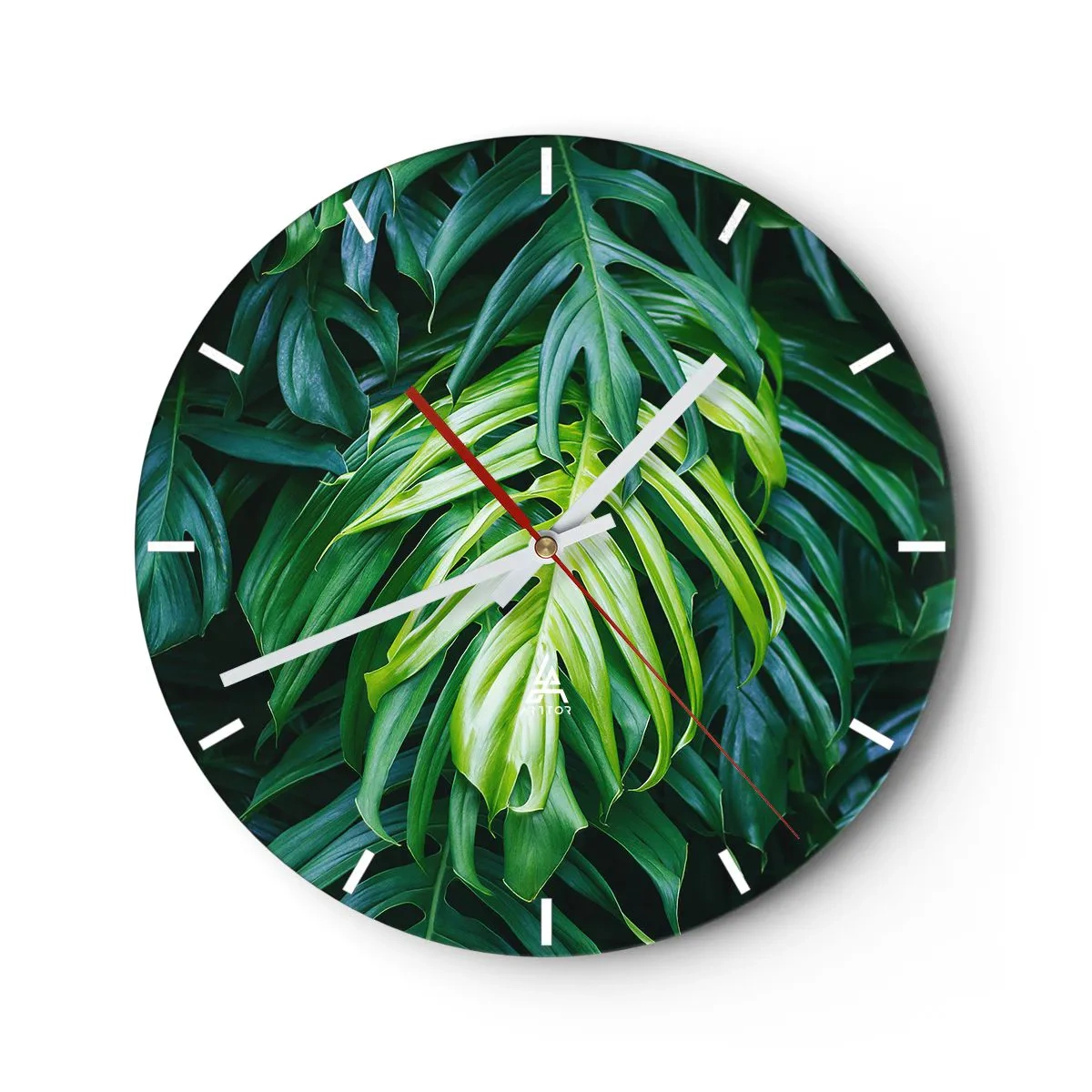Relógio de parede - Relógio em vidro - Folhas verdes em um ambiente natural - 30x30cm - Mergulhar no frescor - Decoração de parede moderna para a sala de estar, cozinha e quarto ARTTOR