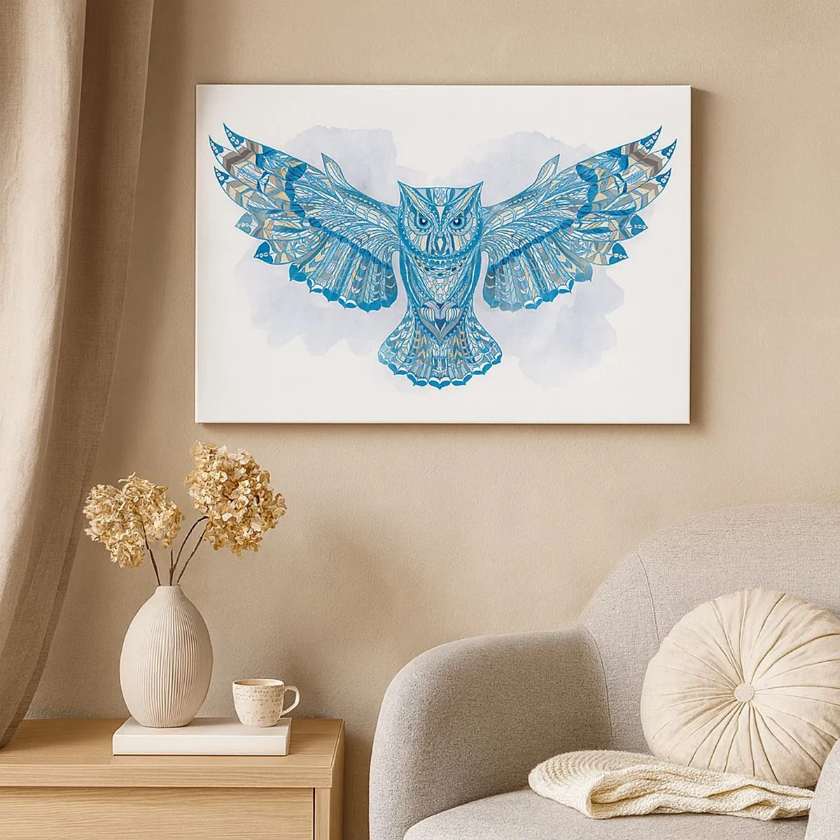 Quadro em tela - Coruja decorativa em tons de azul - 70x50cm - De um bosque sagrado celta - Decoração de parede moderna para a sala de estar e quarto ARTTOR