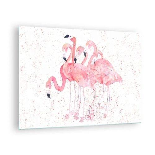 Quadro em vidro - Flamingos em aquarela sobre fundo claro com manchas delicadas - 70x50cm - Conjunto cor-de-rosa - Decoração de parede moderna para a sala de estar e quarto ARTTOR