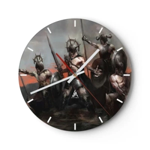Relógio de parede - Relógio em vidro - Um grupo de guerreiros blindados com escudos e lanças em uma cena dinâmica - 30x30cm - Com ou em um escudo - Decoração de parede moderna para a sala de estar, cozinha e quarto ARTTOR