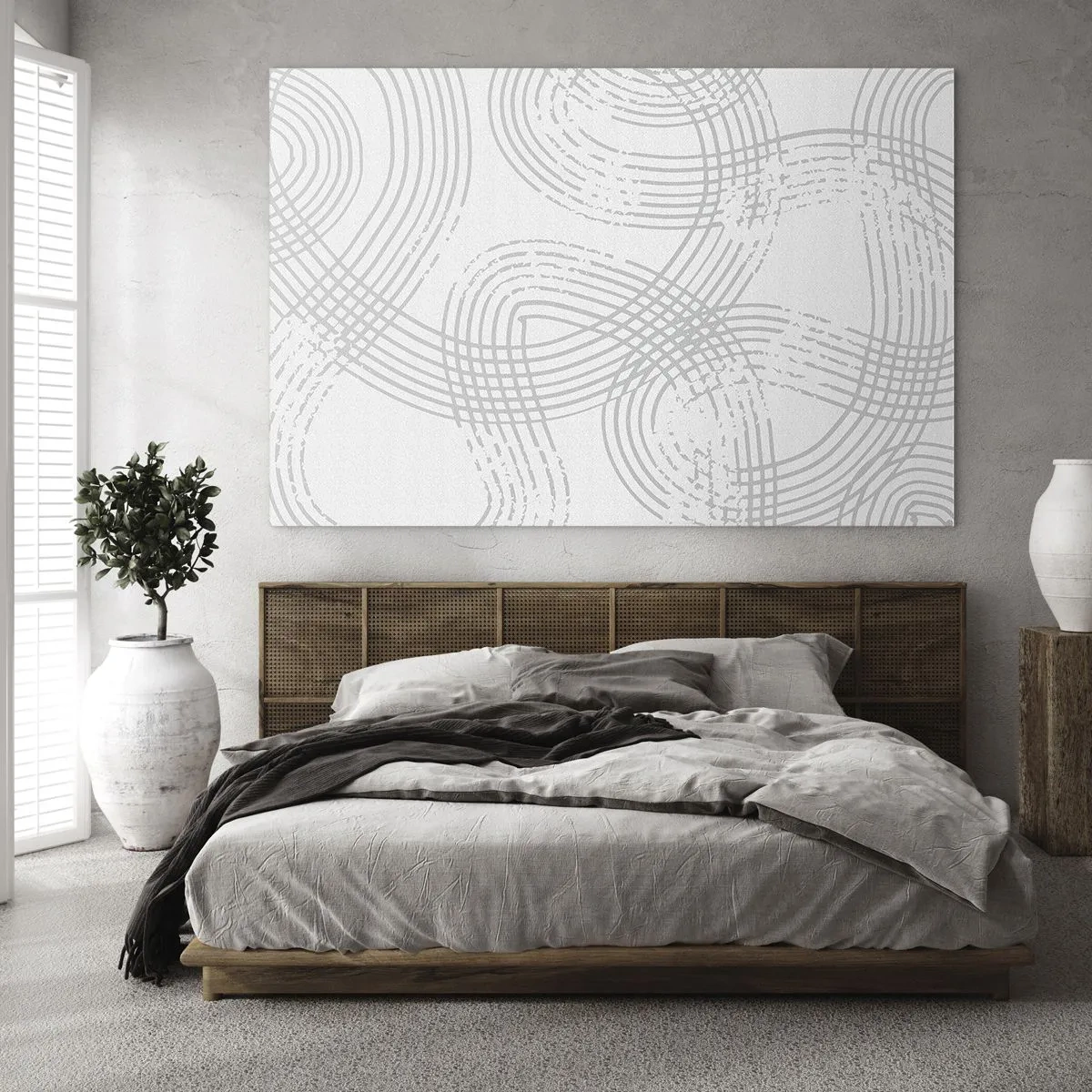 Quadro em vidro - Linhas curvas abstratas em tons de cinza sobre branco - 70x50cm - Não existe caminho reto - Decoração de parede moderna para a sala de estar e quarto ARTTOR