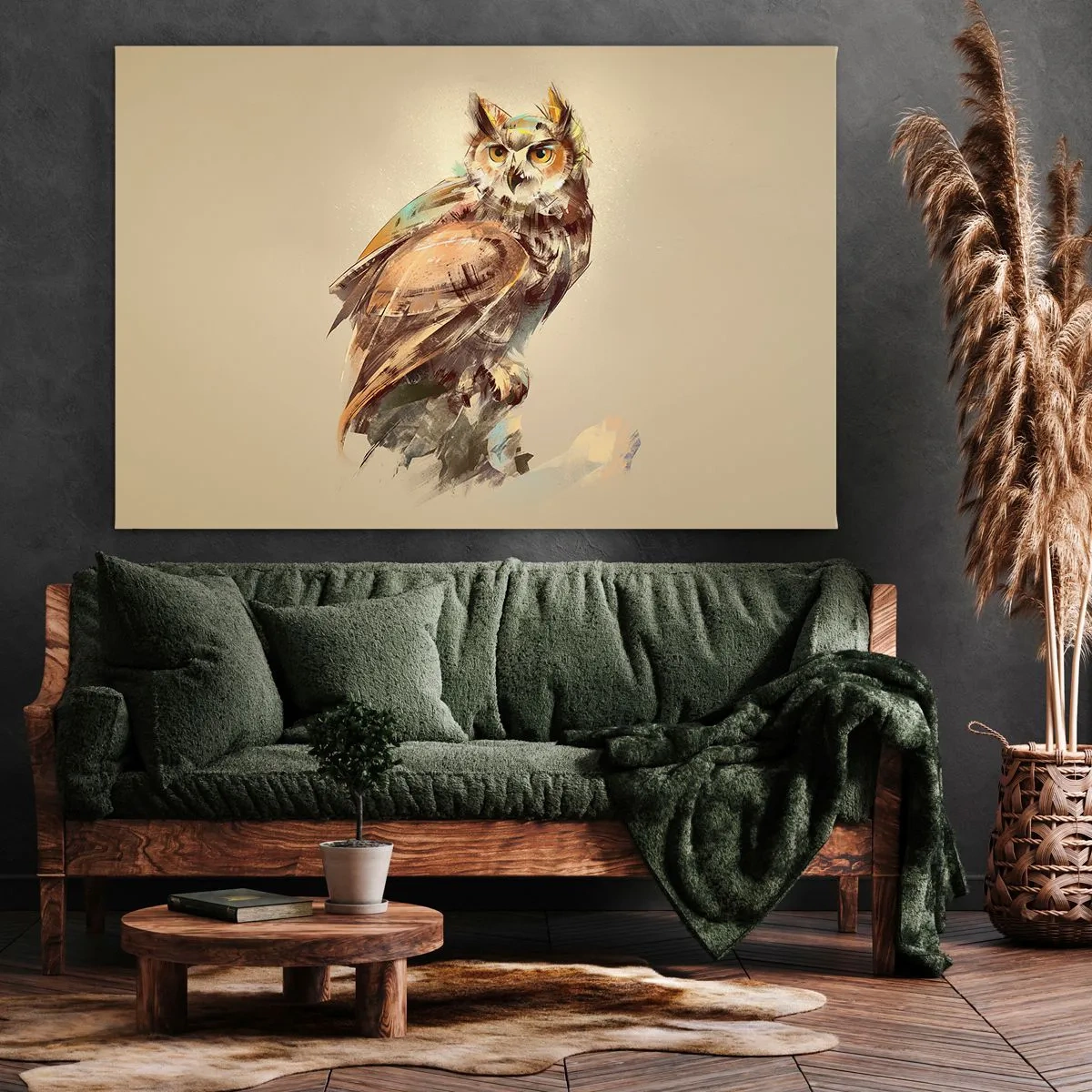 Quadro em tela - Retrato artístico de uma coruja sobre um fundo claro em tons quentes. - 70x50cm - A coruja mais inteligente - a floresta confirma - Decoração de parede moderna para a sala de estar e quarto ARTTOR