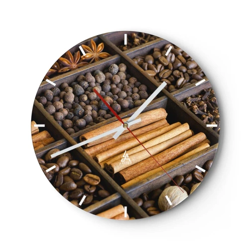 Relógio de parede - Relógio em vidro - Divisória de madeira com vários temperos e café - 30x30cm - Um tesouro de aromas - Decoração de parede moderna para a sala de estar, cozinha e quarto ARTTOR