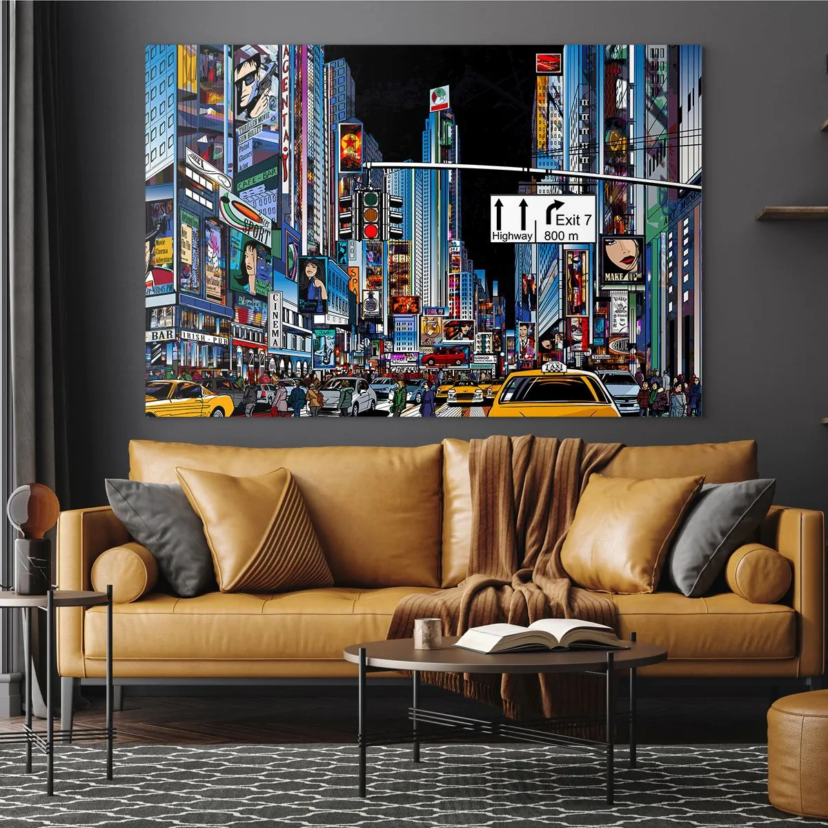 Quadro em vidro - Uma rua movimentada com táxis amarelos e letreiros de neon - 70x50cm - Grande Noite em Cartoon - Decoração de parede moderna para a sala de estar e quarto ARTTOR