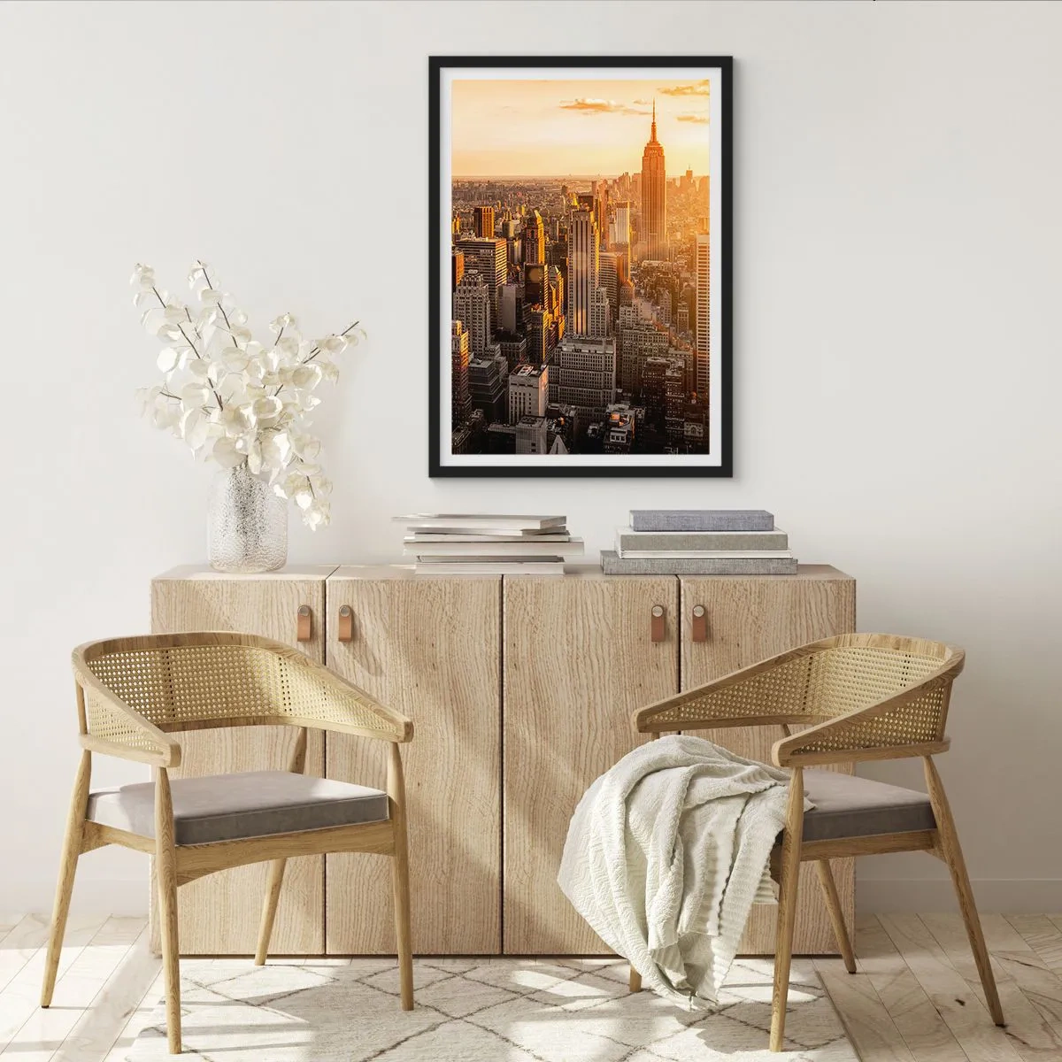Pôster com moldura preta - Horizonte de Manhattan ao pôr do sol visto do Empire State Building - 50x70cm - Crescer ao sol - Decoração de parede moderna para a sala de estar e quarto ARTTOR