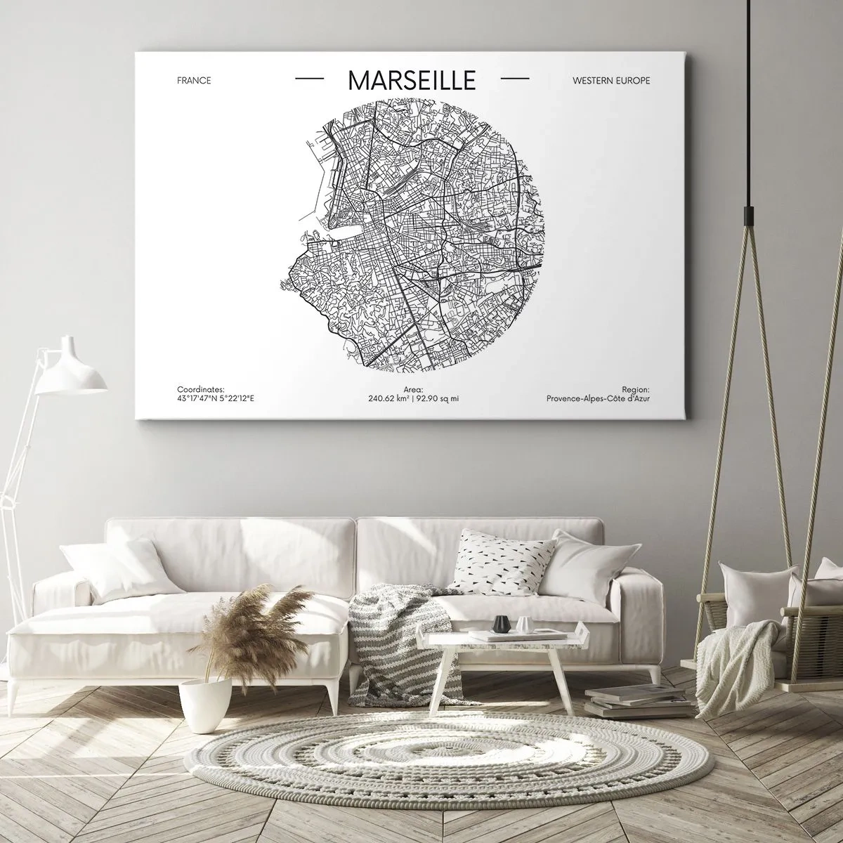 Quadro em tela - Mapa de Marselha em estilo minimalista - 70x50cm - Anatomia de Marselha - Decoração de parede moderna para a sala de estar e quarto ARTTOR