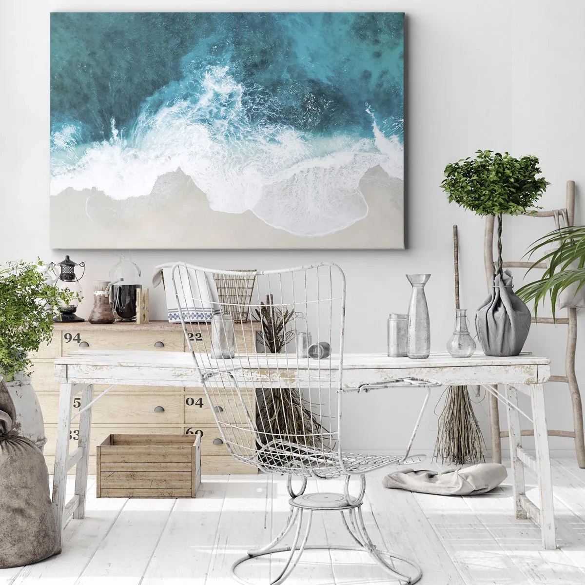 Quadro em tela - Ondas turquesas do oceano em areia clara - 70x50cm - Carícia natural - Decoração de parede moderna para a sala de estar e quarto ARTTOR