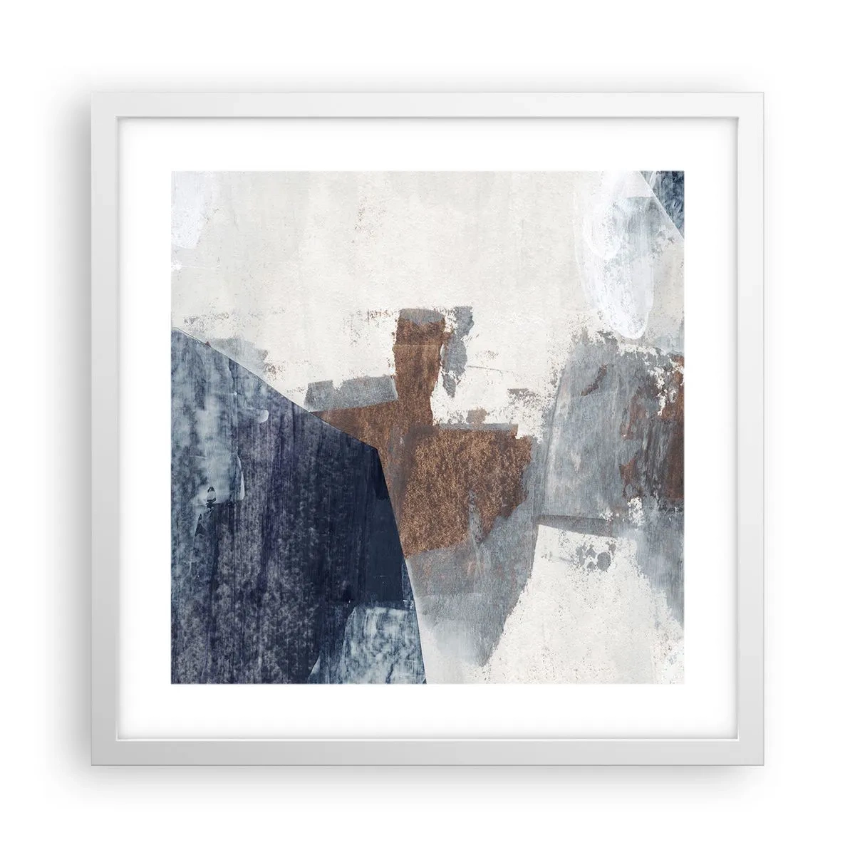 Pôster em moldura branca - Formas azuis e marrons - 40x40 cm