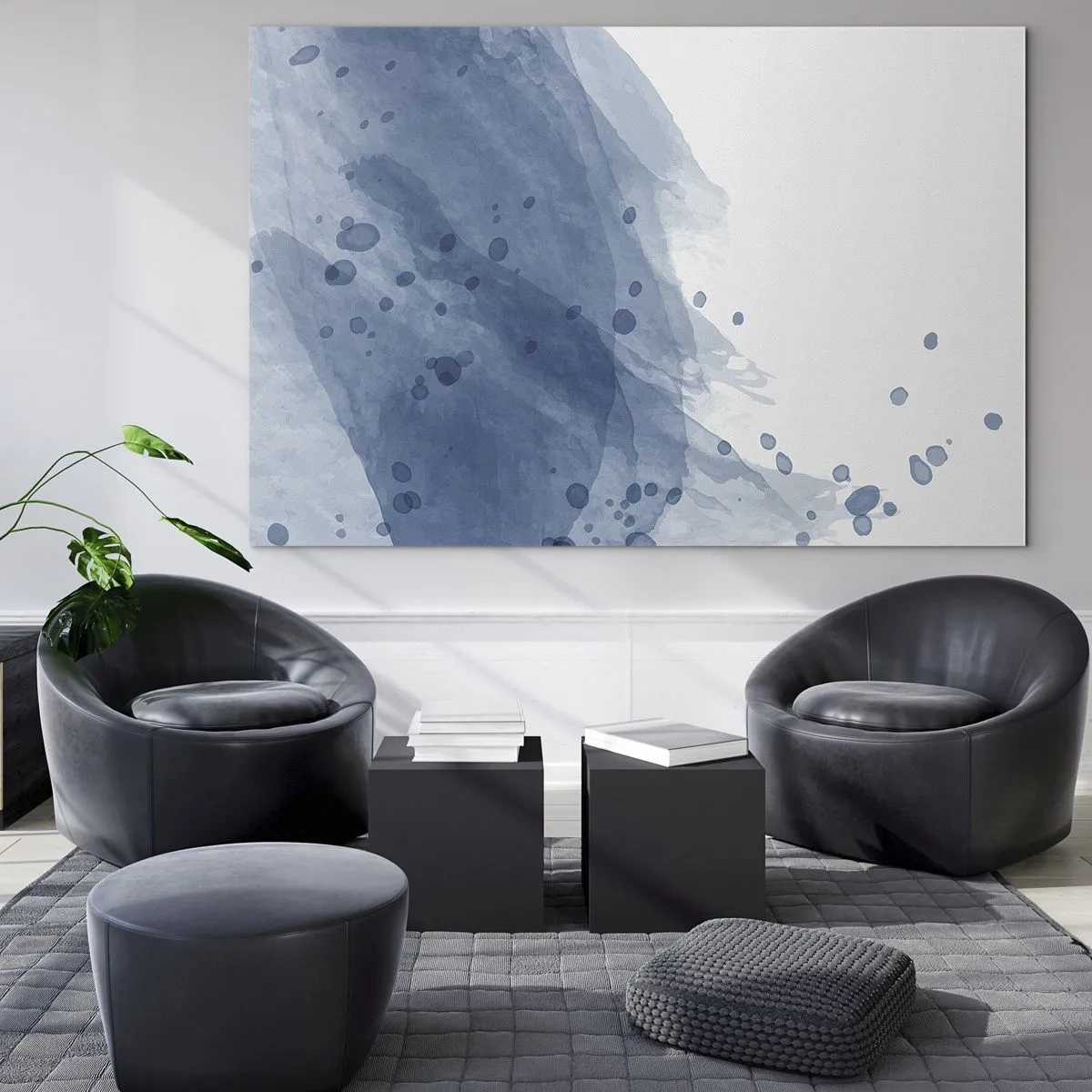 Quadro em vidro - Mancha de aquarela em tons de azul - 70x50cm - Tule azul - Decoração de parede moderna para a sala de estar e quarto ARTTOR