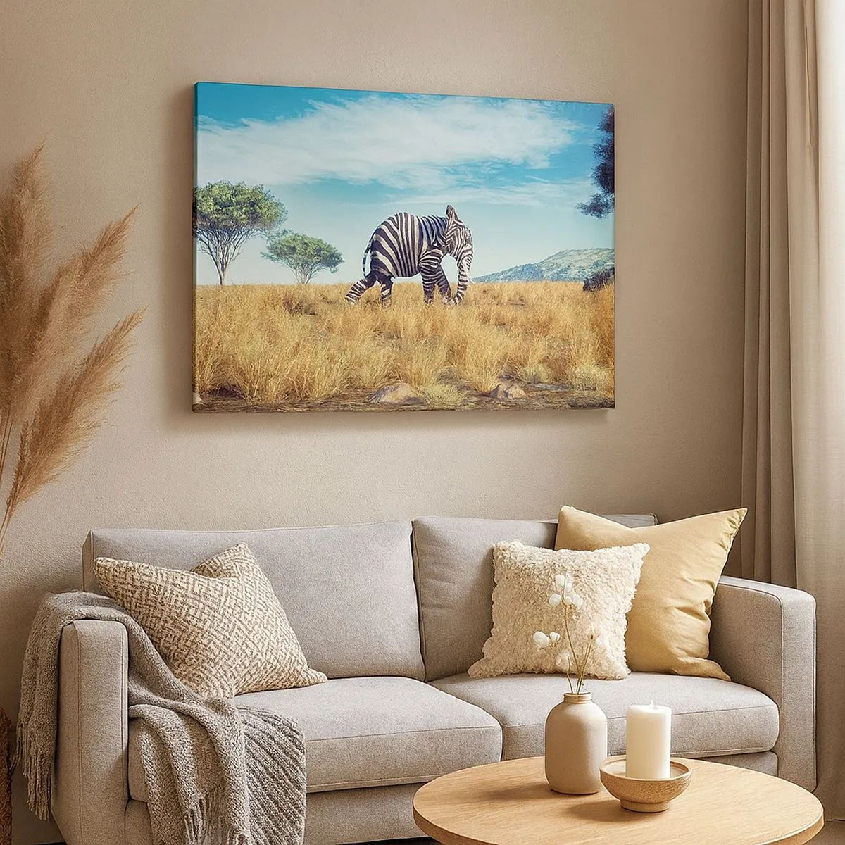Quadro em tela - Zebra em uma paisagem africana - 70x50cm - Cinza não está mais na moda - Decoração de parede moderna para a sala de estar e quarto ARTTOR