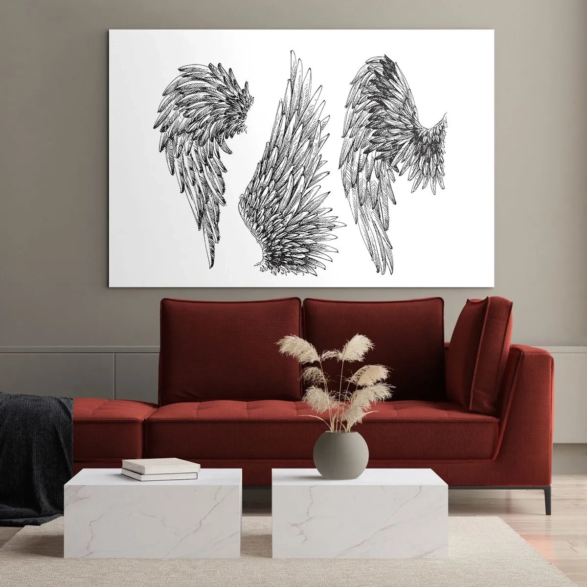 Quadro em vidro - Asas de anjo em gráficos artísticos em preto e branco - 70x50cm - Você também pode se tornar um anjo - Decoração de parede moderna para a sala de estar e quarto ARTTOR