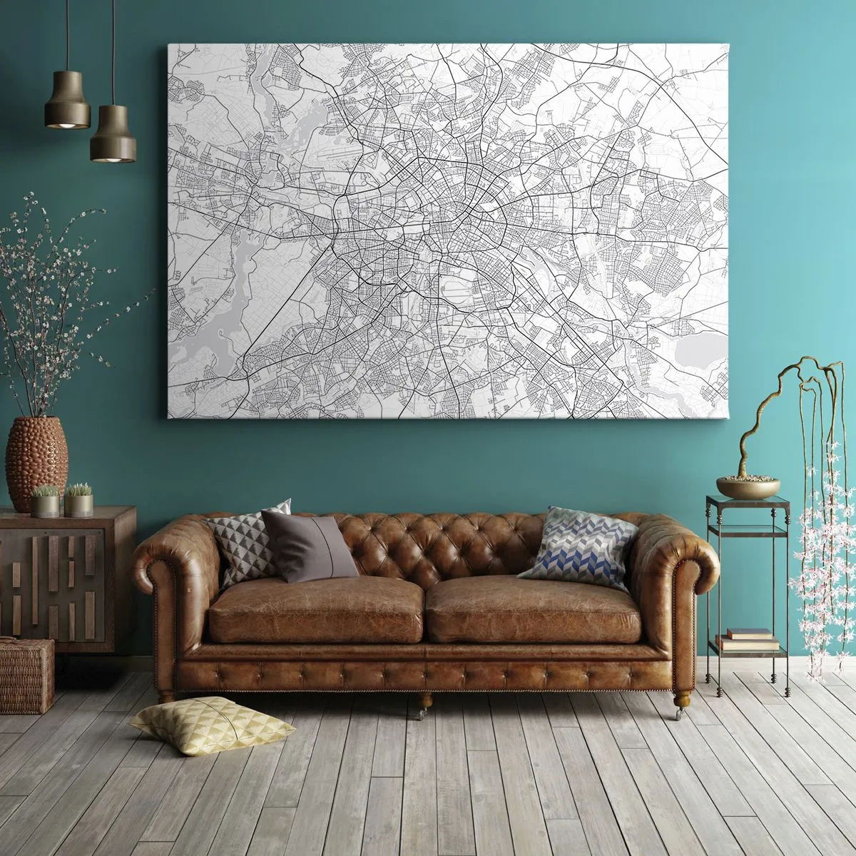 Quadro em tela - Mapa detalhado da cidade em preto e branco - 70x50cm - Flor de Berlim - Decoração de parede moderna para a sala de estar e quarto ARTTOR
