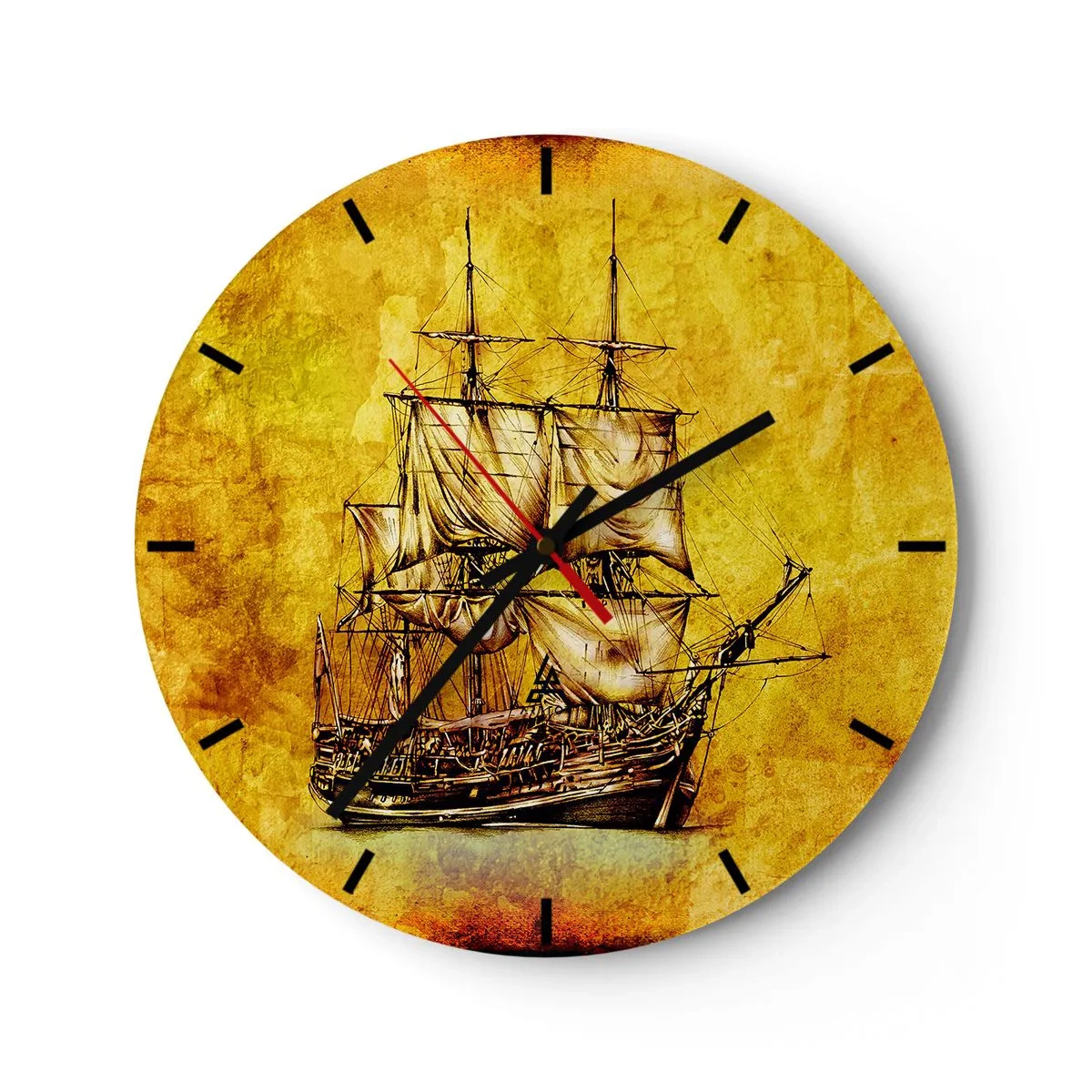 Relógio de parede - Relógio em vidro - Um motivo de desenho animado de um veleiro sobre um fundo em tons de dourado - 30x30cm - Direção Tortuga! - Decoração de parede moderna para a sala de estar, cozinha e quarto ARTTOR